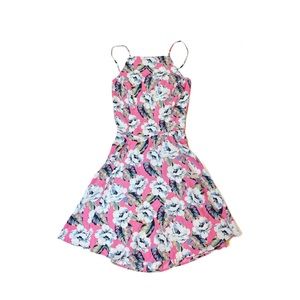 Hollister Sleeveless Skater Midi Dress Pink & White Floral Self Tie Belt Size S